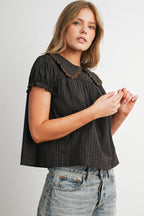 Plaid Peter Pan Collar Puff Sleeve Blouse