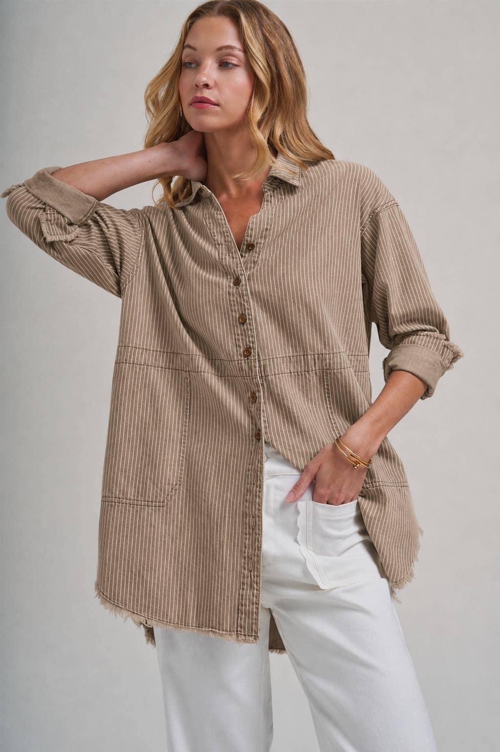 PIN STRIPE LINEN BLEND OVERSIZED SHIRT TOP