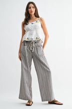 Striped Linen-Blend Wide Leg Pants with Drawstring