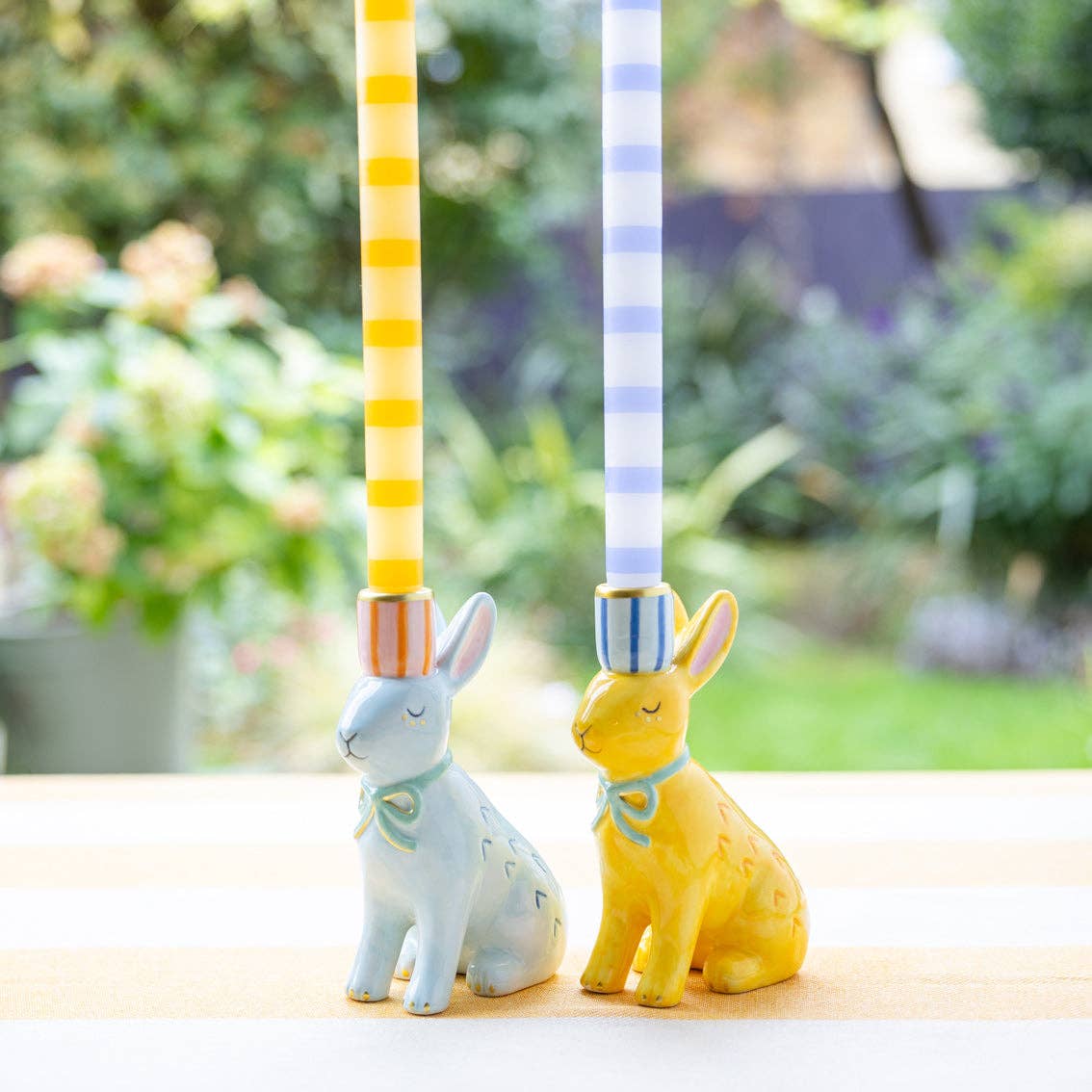 Hand-Painted Bunnies Ceramic Candle Holders