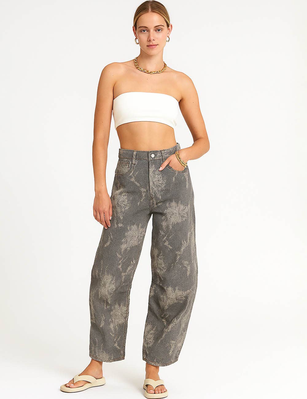 Block Print Floral Print Pocket Barrel Leg Jeans