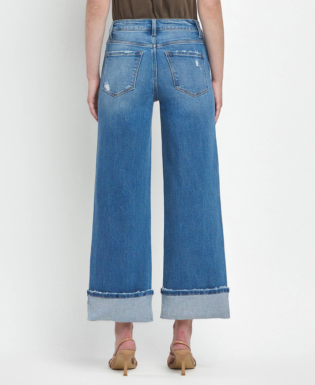 HIGH RISE MEDIUM WASH CUFFED WIDE JEANS