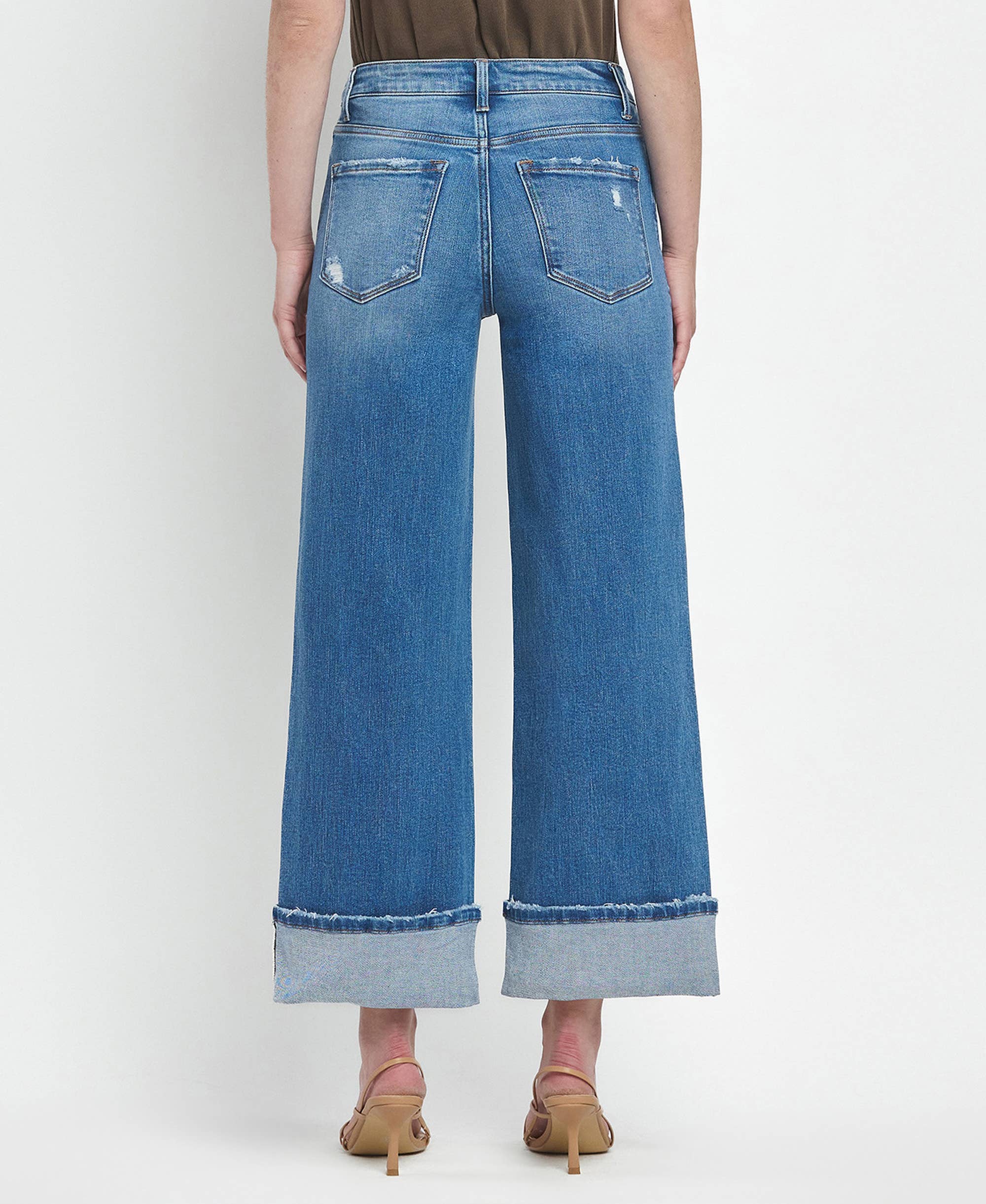 HIGH RISE MEDIUM WASH CUFFED WIDE JEANS
