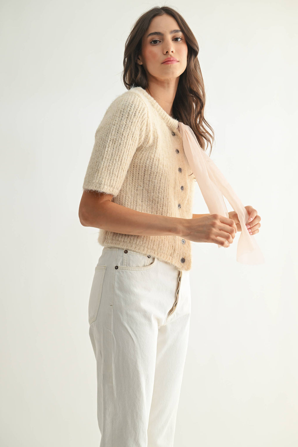 Knit Cardigan with Chiffon Bow