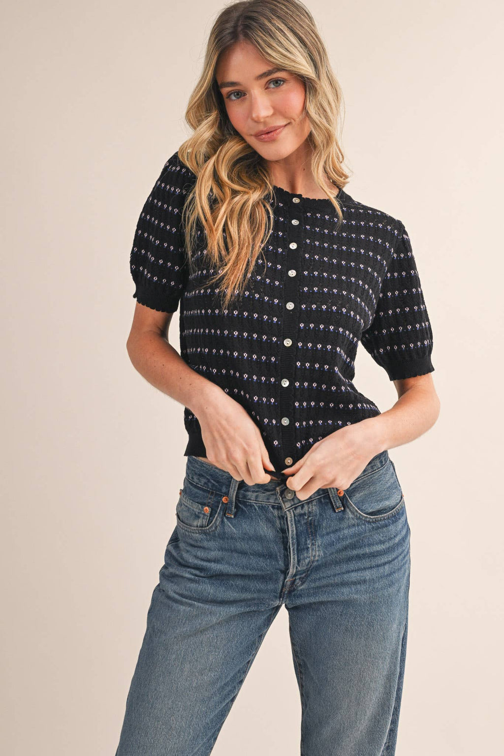 POINTELLE SHORT PUFF SLEEVE BUTTON DOWN SWEATER