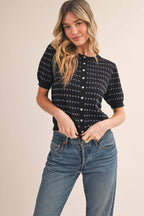 POINTELLE SHORT PUFF SLEEVE BUTTON DOWN SWEATER