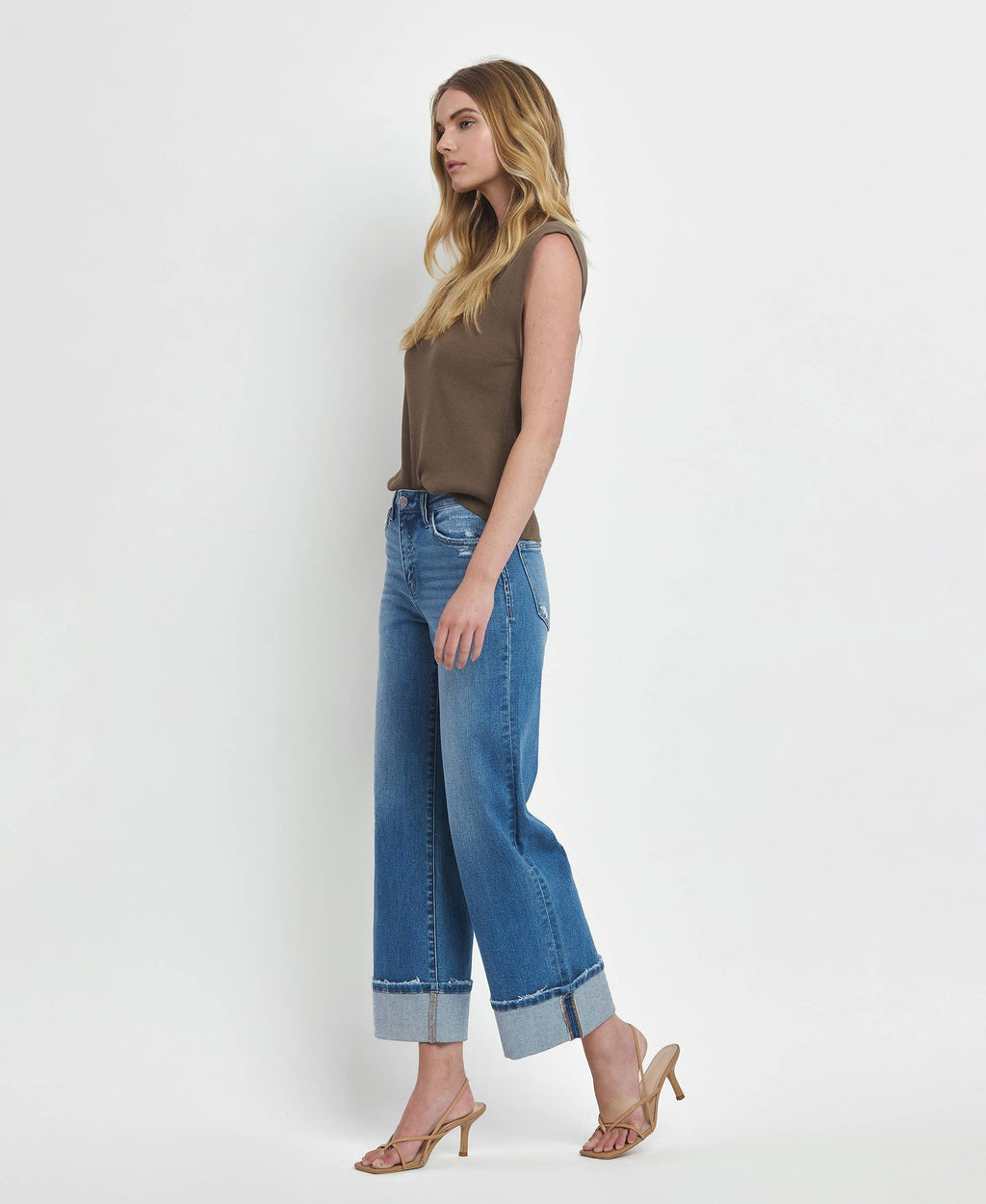 HIGH RISE MEDIUM WASH CUFFED WIDE JEANS