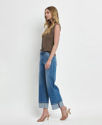 HIGH RISE MEDIUM WASH CUFFED WIDE JEANS