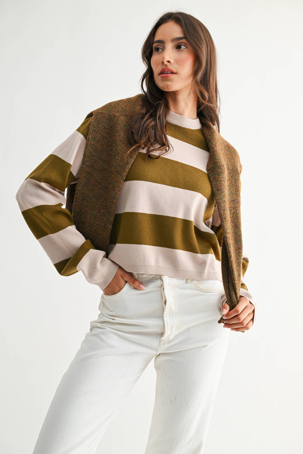 TAUPE AND OLIVE BOLD STRIPE SWATER
