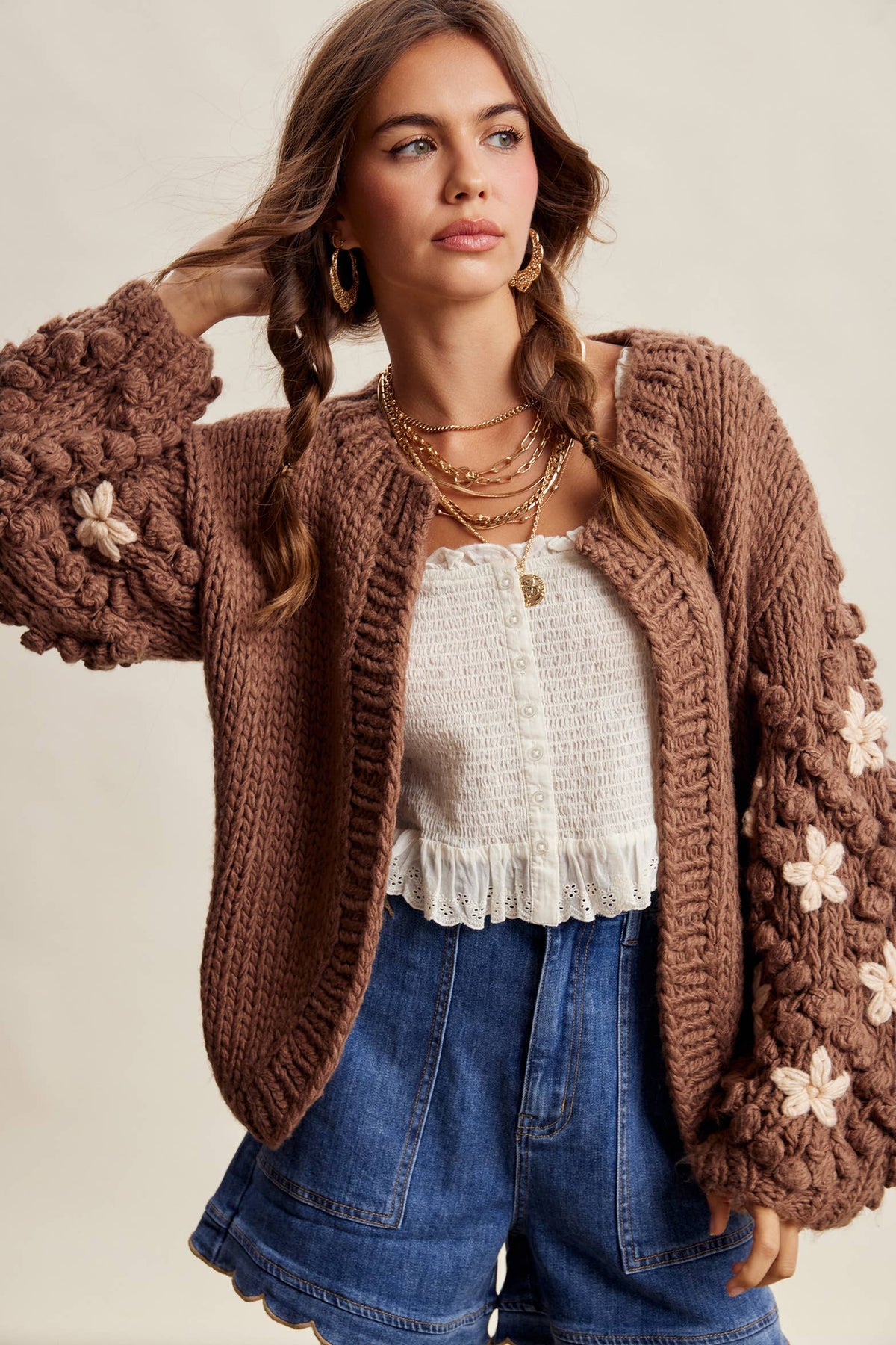 Hand Knit Floral Bobble Sleeve Cardigan