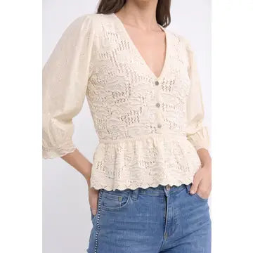 Peplum Eyelet Sleeve Knit Blouse
