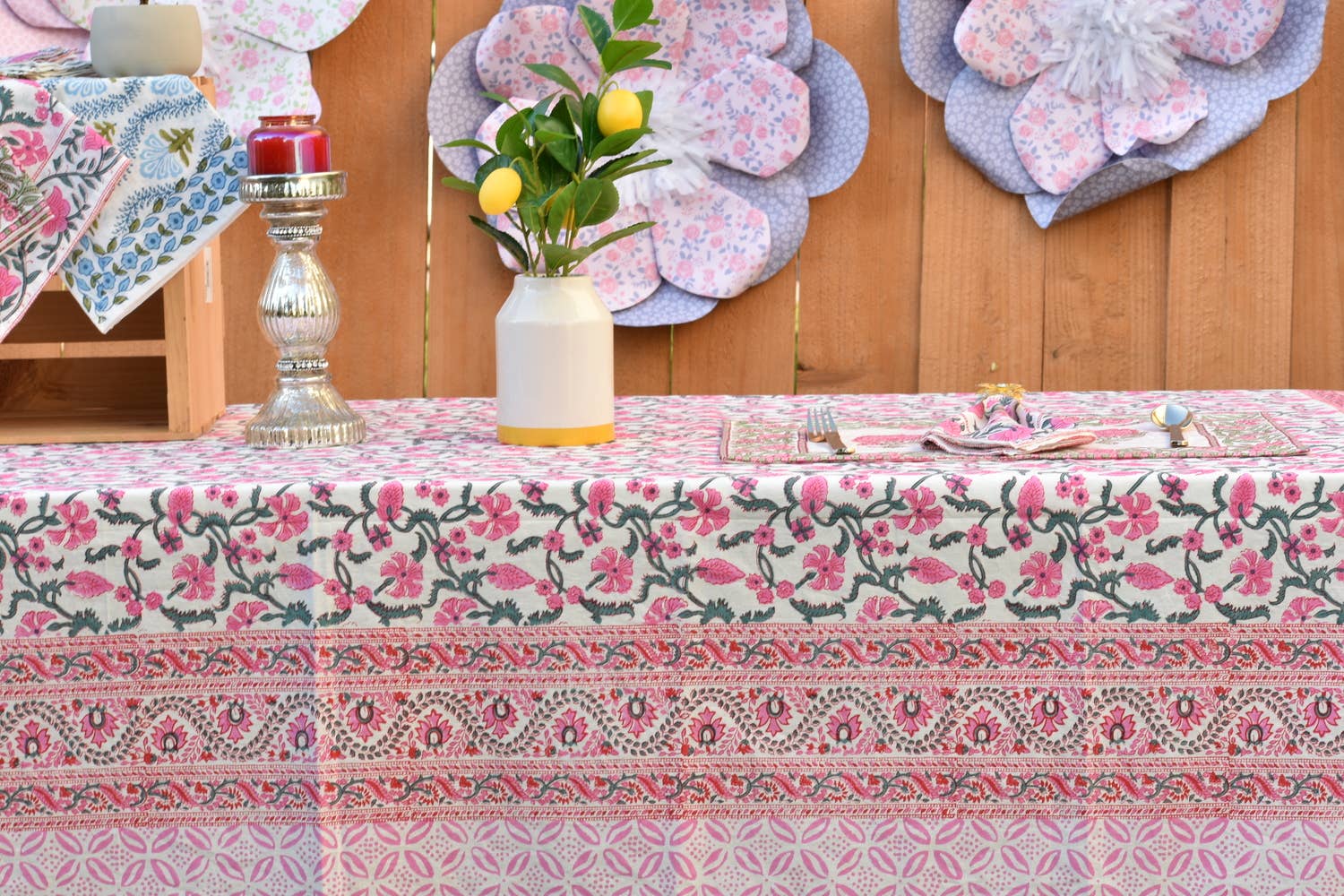Pink Trail - Handblock Print Cotton Tablecloth