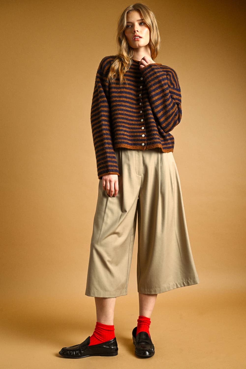 STRIPED BUTTON FRONT SWEATER CARDIGAN