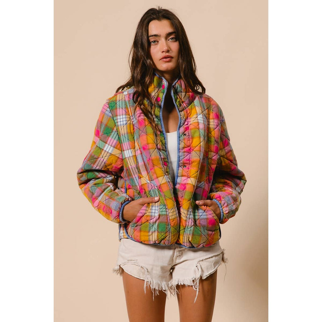 BLEACHED VINTAGE PLAID QUILTED JACKET WITH POCKETS