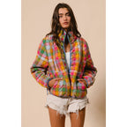 BLEACHED VINTAGE PLAID QUILTED JACKET WITH POCKETS