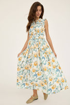 Flower Print Smocking Sleeveless Dress