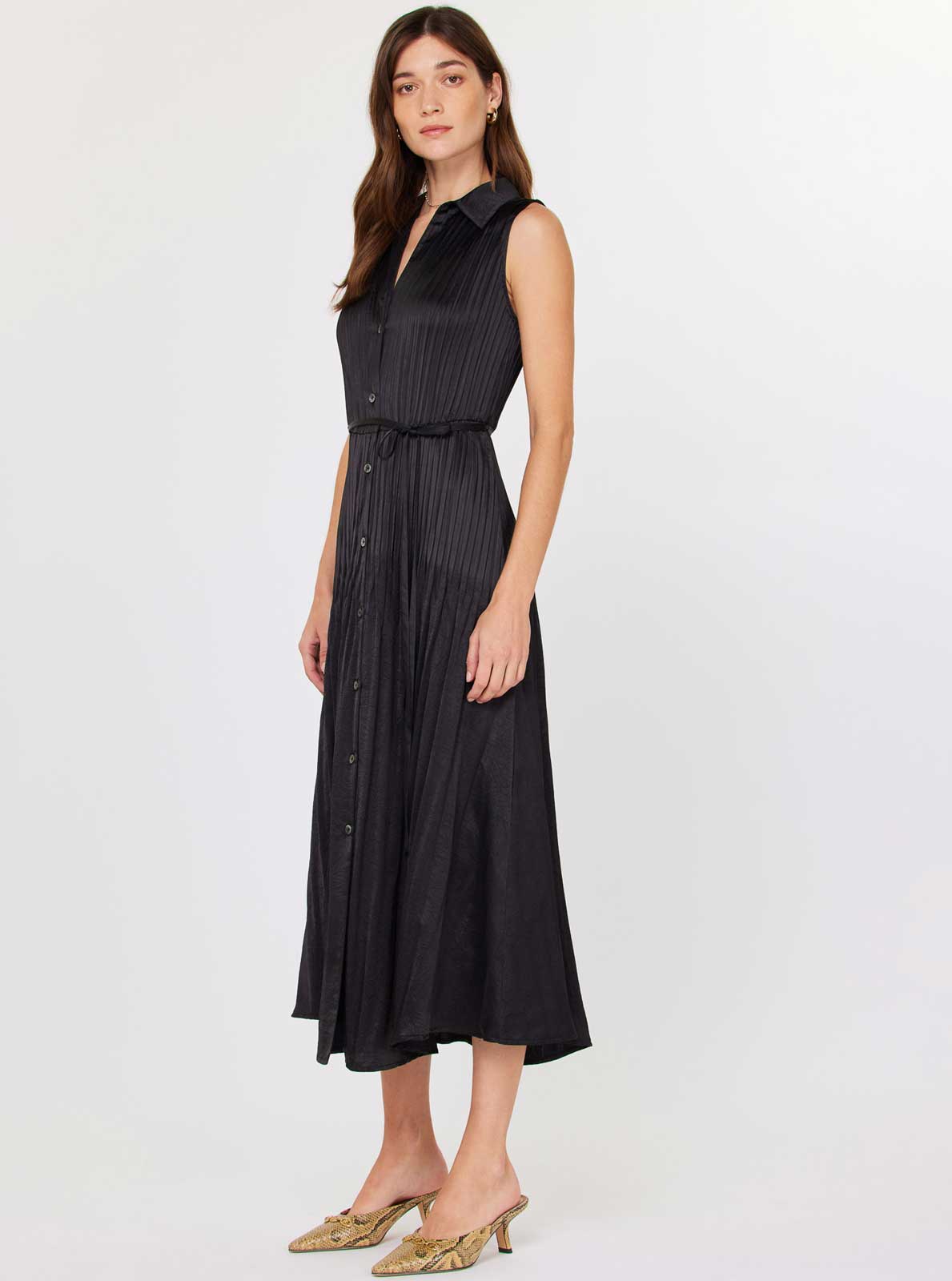 Sleeveless Button Down Pleated Shirts Dress