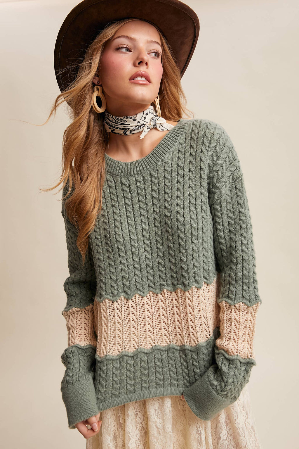 Colorblock Cable Knit Sweater