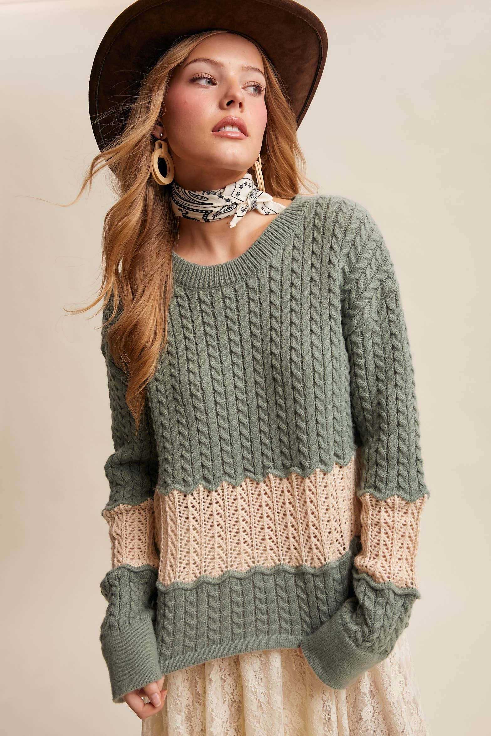 Colorblock Cable Knit Sweater