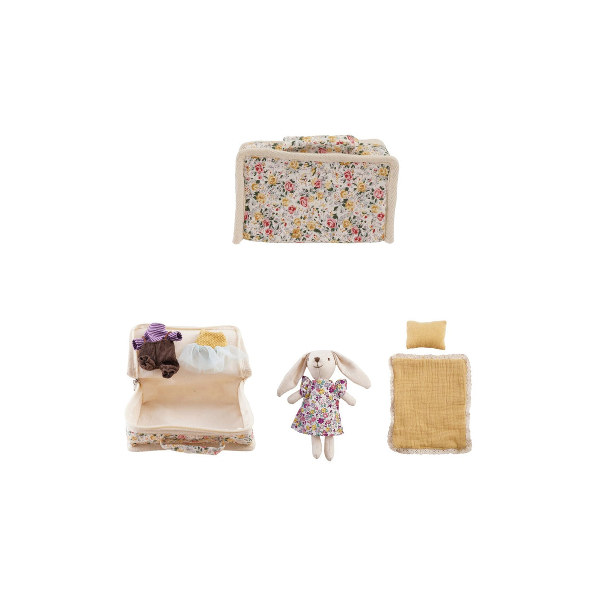 7"L x 4"W x 1-1/2"H Fabric Zip Suitcase Bed with Plush Bunny & Outfits, Set of 6