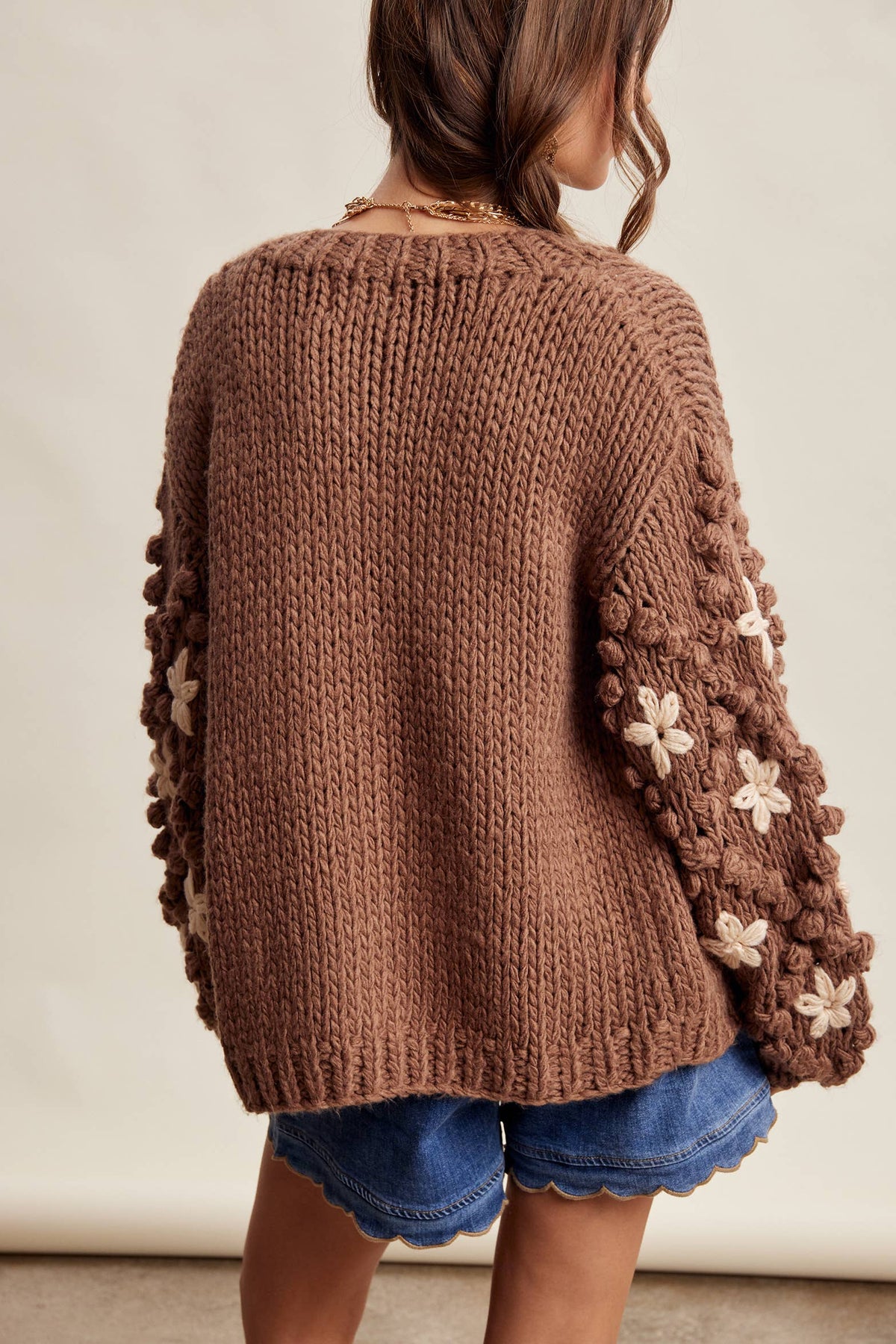 Hand Knit Floral Bobble Sleeve Cardigan