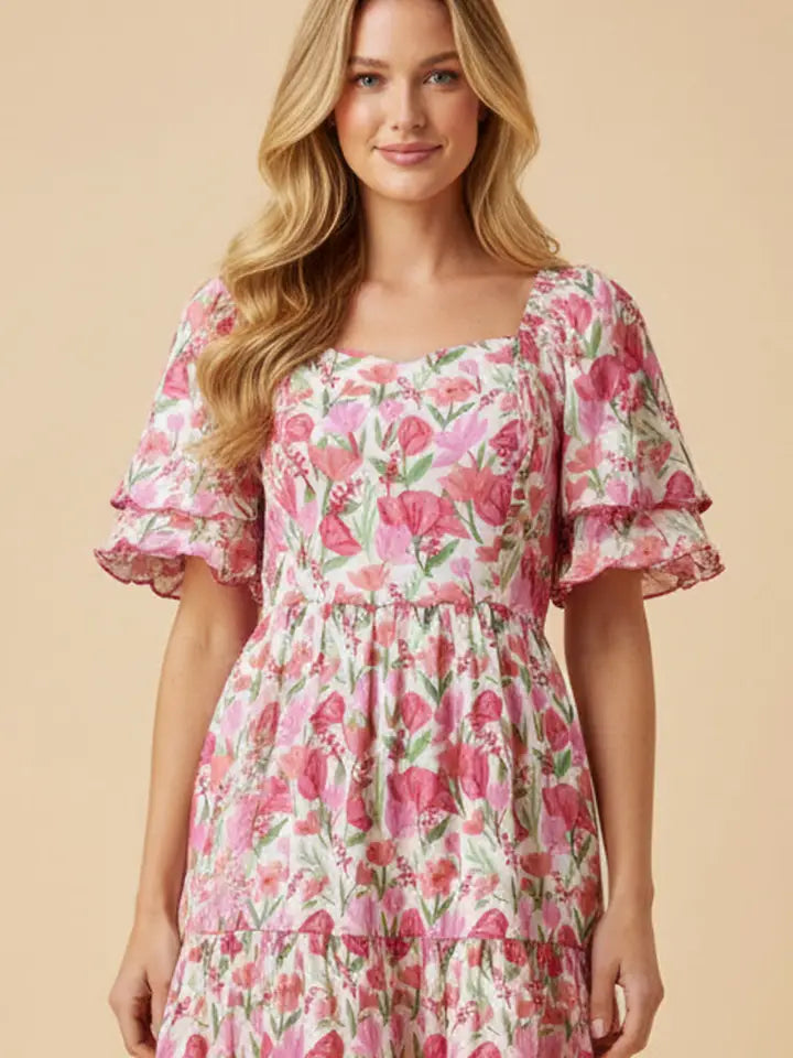 Floral Contrast Piped Tulip Sleeve Dress