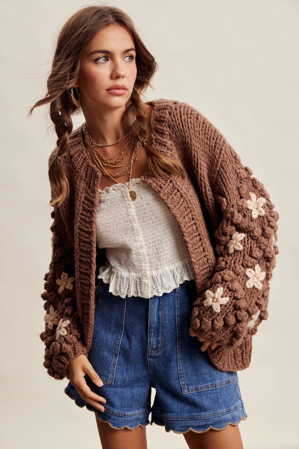 Hand Knit Floral Bobble Sleeve Cardigan