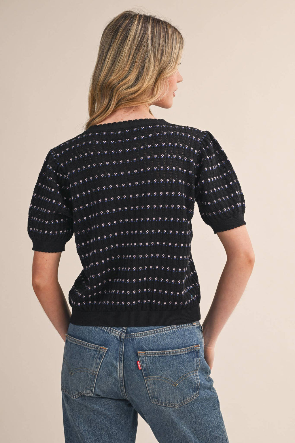 POINTELLE SHORT PUFF SLEEVE BUTTON DOWN SWEATER