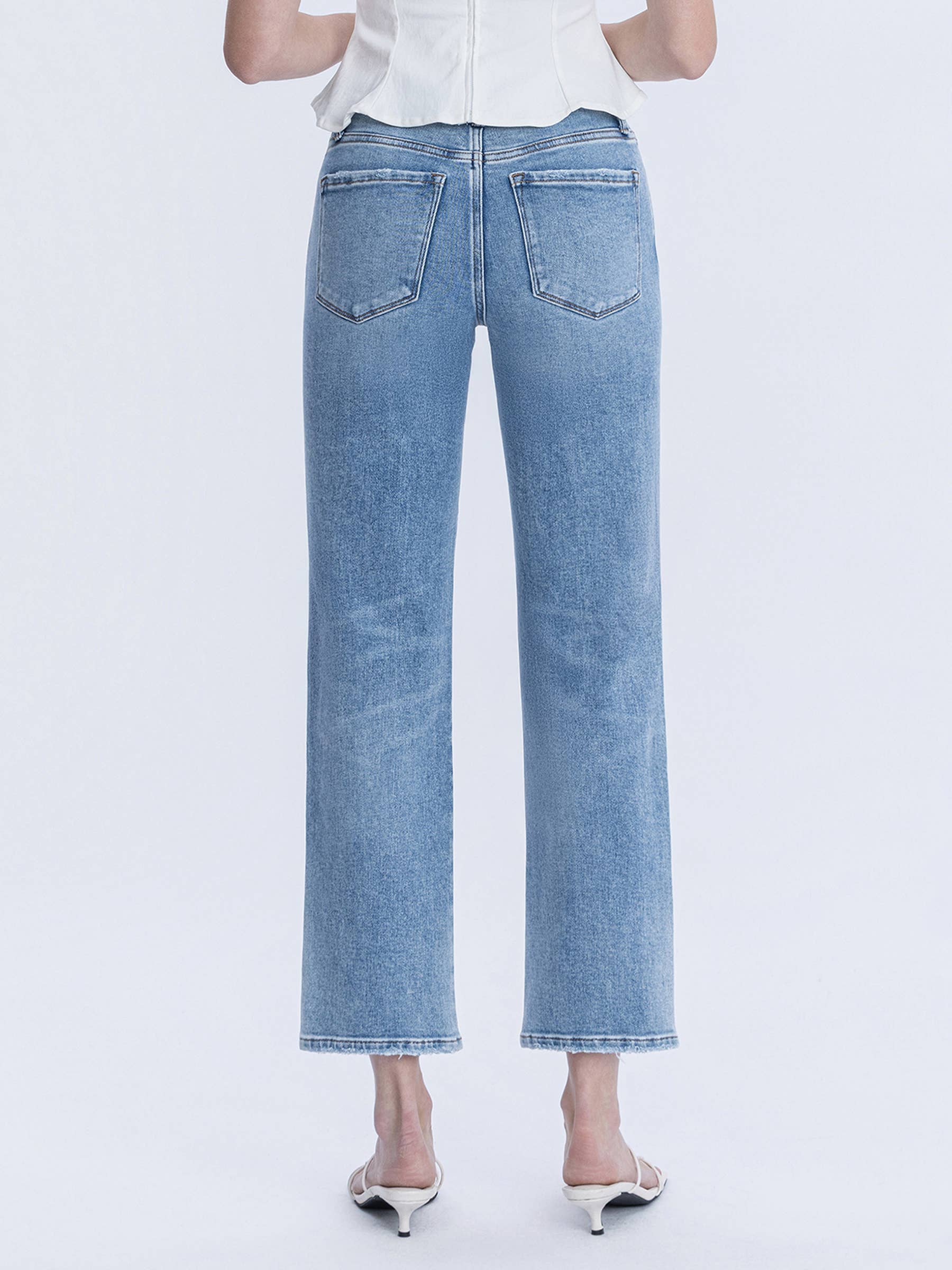 HIGH RISE MEDIUM LIGHT WASH ANKLE STRAIGHT JEANS