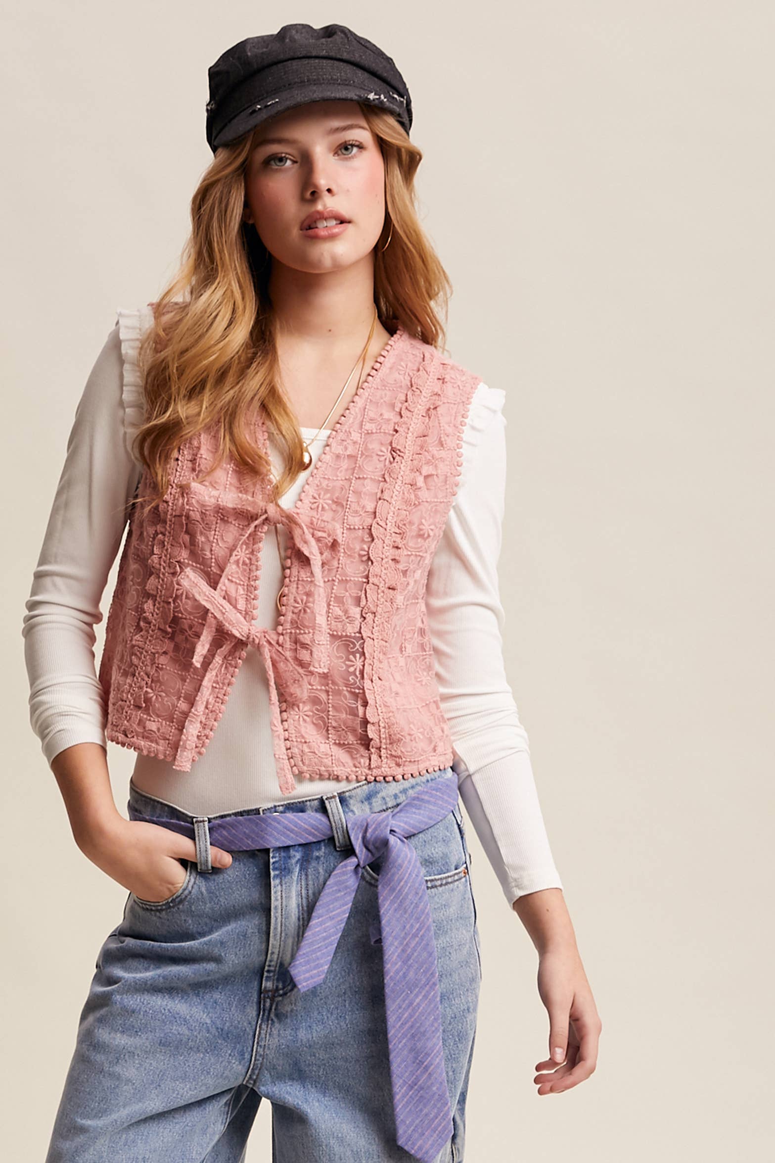 Embroidered Lace Tie-Front Vest