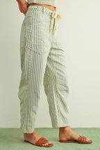 STRIPE PRINTED BARREL PANTS WITH COTTON TAPE BELT