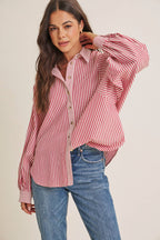 FRENCH CAFE MIXED STRIPE BATWING BUTTON-DOWN SHIRT