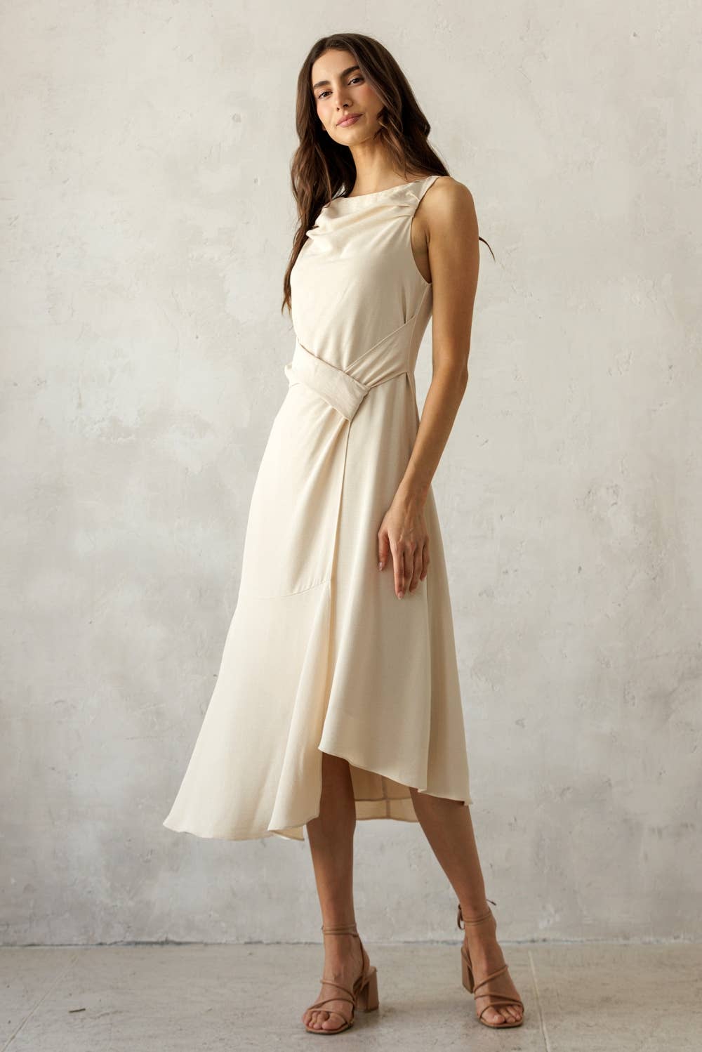 ASYMMETRICAL WRAP-STYLE MIDI DRESS