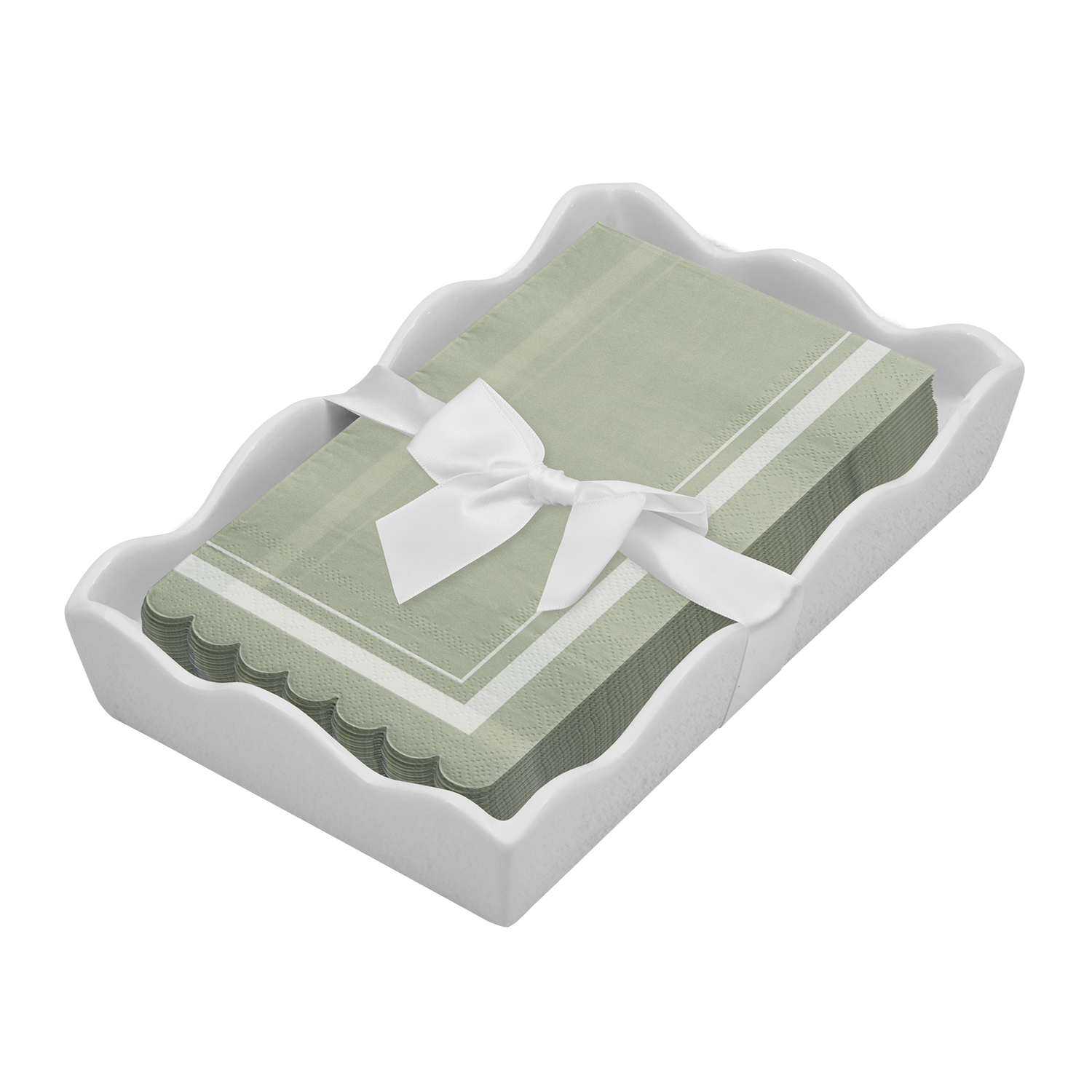 Ceramic Wave Napkin Tray with Guest Towel - Scalloped Edge Sage