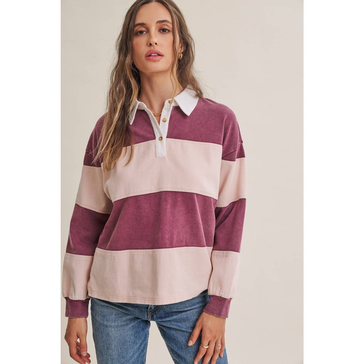 HERITAGE WEEKEND MINERAL-WASHED TWILL TERRY MIXED RUGBY TOP