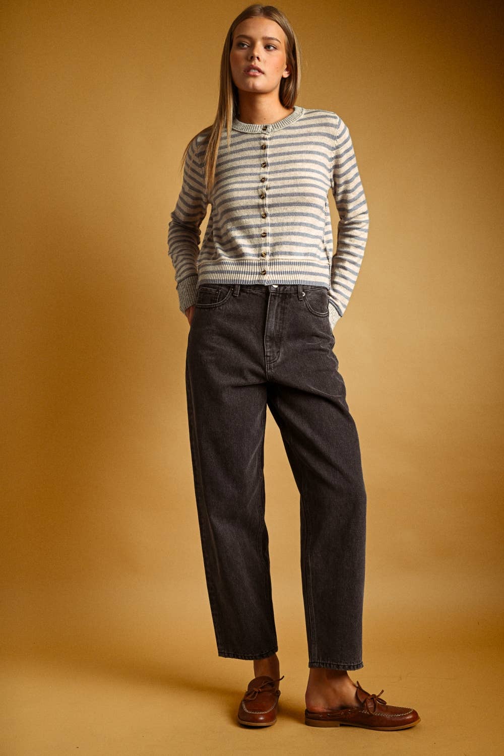 STRIPED PATTERN BUTTON FRONT CARDIGAN