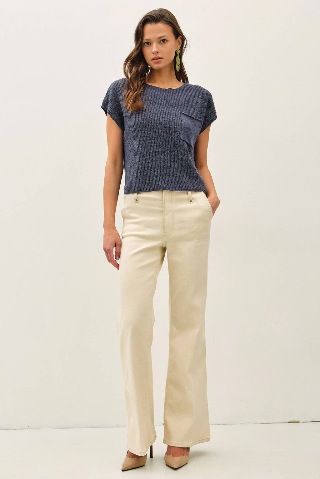 PATCH POCKET DOLMAN CAP SLEEVE BOXY KNIT