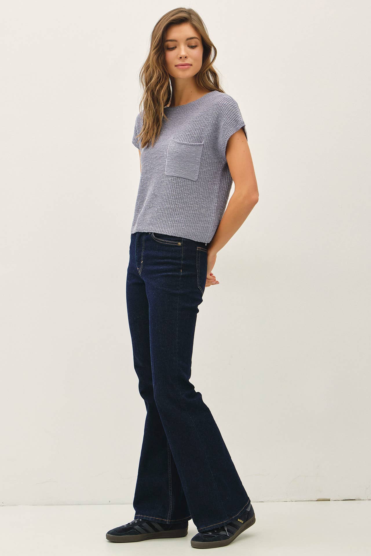 PATCH POCKET DOLMAN CAP SLEEVE BOXY KNIT