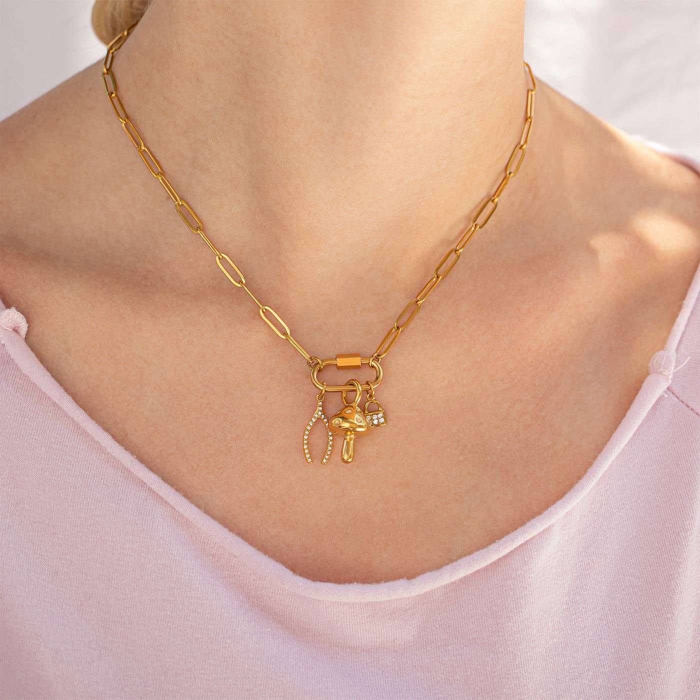18K Gold Paperclip Carabiner Necklace