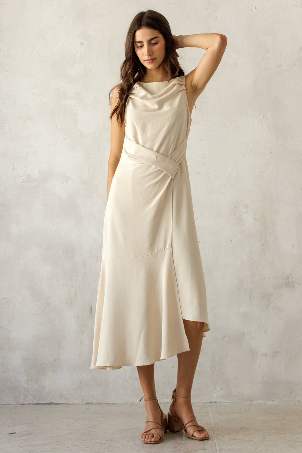 ASYMMETRICAL WRAP-STYLE MIDI DRESS
