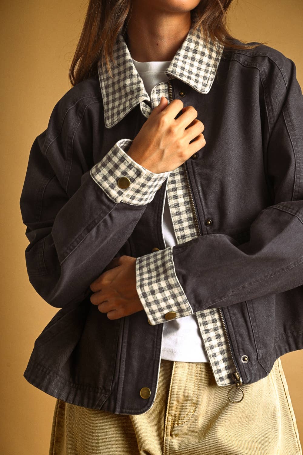 GINGHAM COLLARED TWILL JACKET