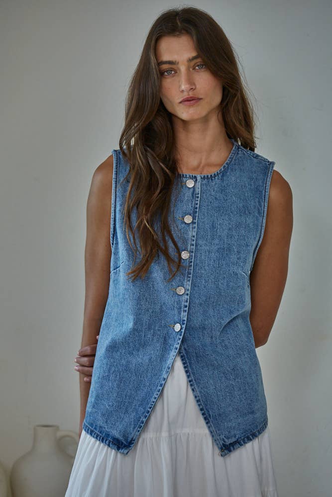Denim Cotton Viscose Polyester Button Down Vest Top