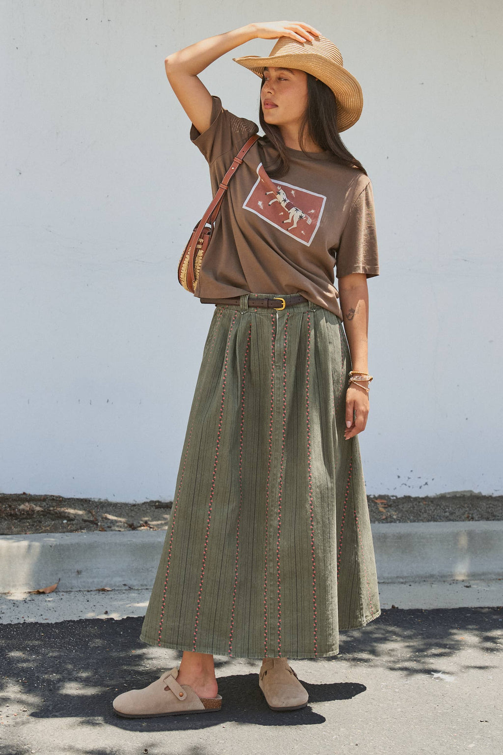 Embroidered Cotton Twill Belted Midi Skirt