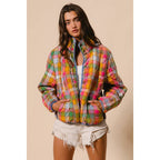 BLEACHED VINTAGE PLAID QUILTED JACKET WITH POCKETS