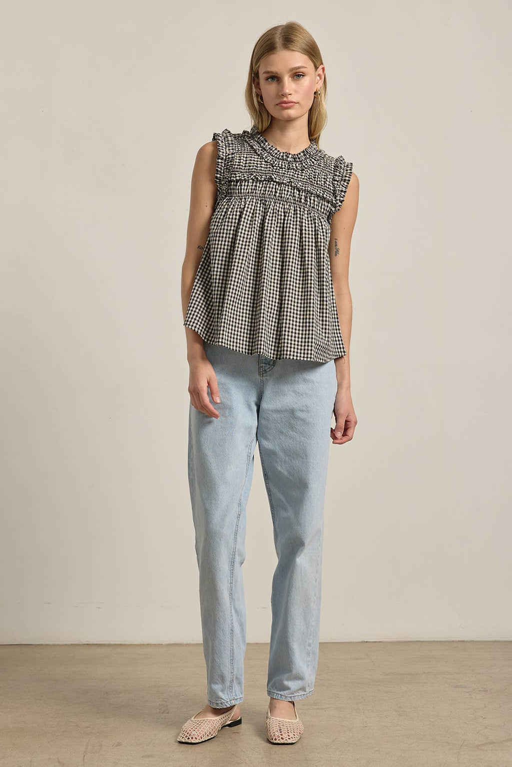 GINGHAM RUFFLE BLOUSE
