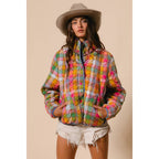 BLEACHED VINTAGE PLAID QUILTED JACKET WITH POCKETS