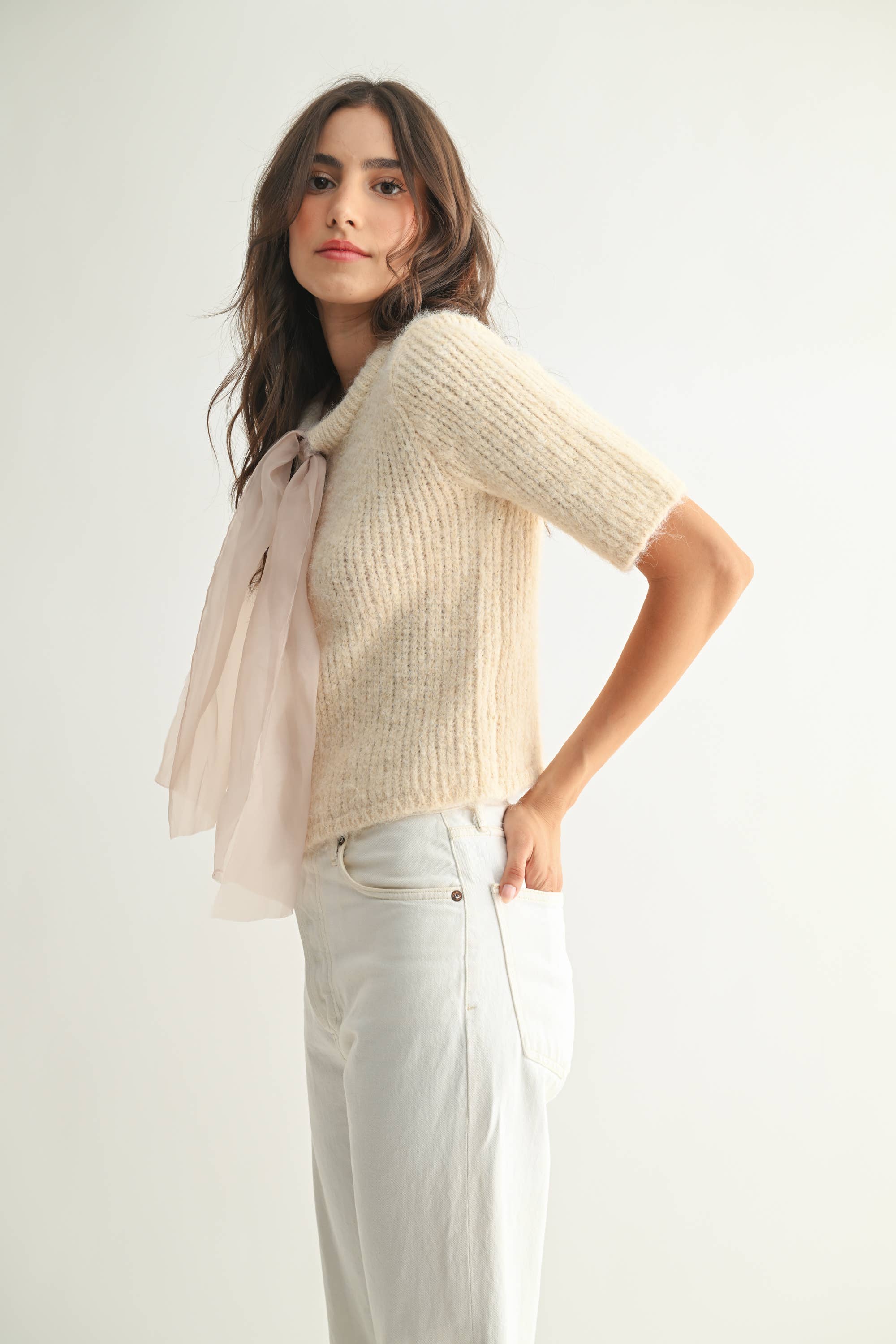 Knit Cardigan with Chiffon Bow