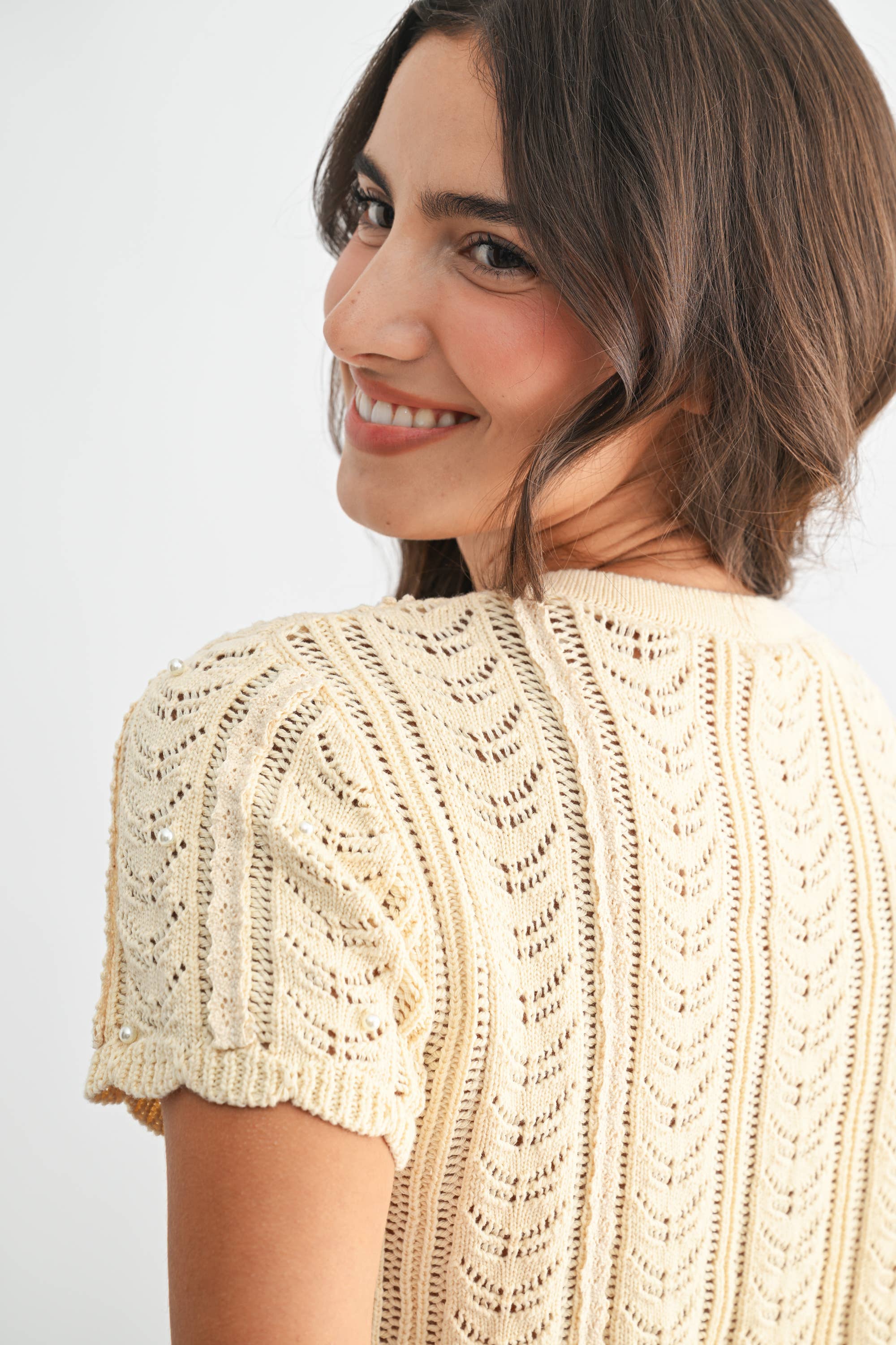 Lace Knit Pearl Button Cardigan