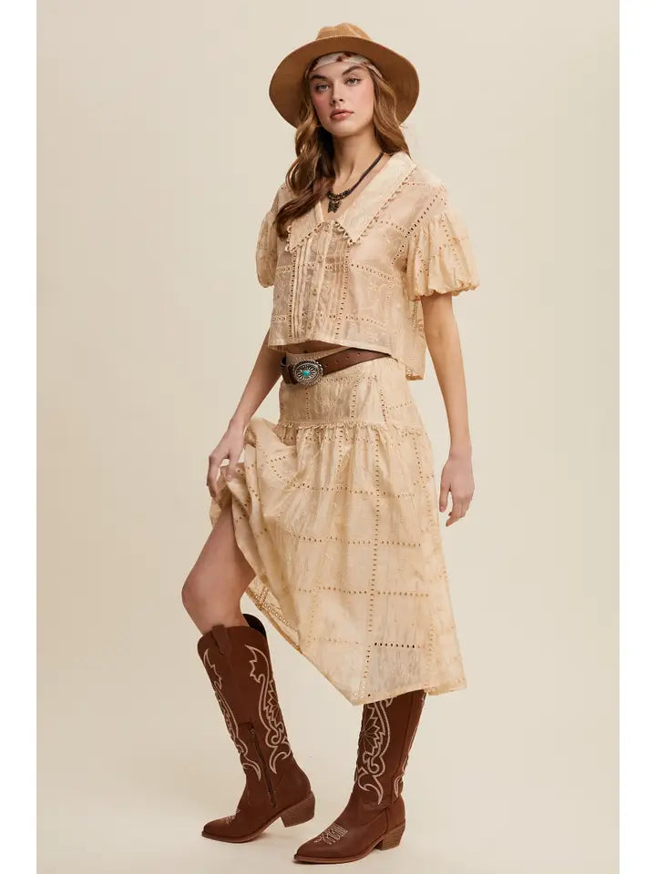 Embroidery Lace Puff Sleeve Top & Skirt Set