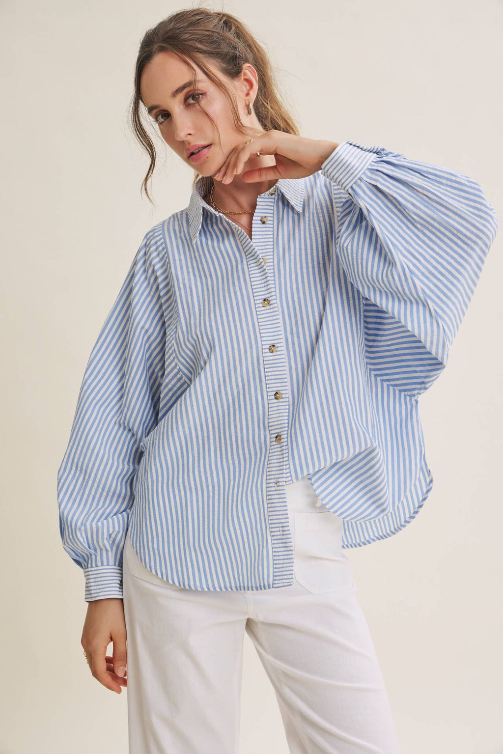 FRENCH CAFE MIXED STRIPE BATWING BUTTON-DOWN SHIRT